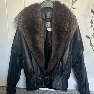 Leather Ranch Vintage 90’s Black Leather Jacket with Brown Fur Trim
